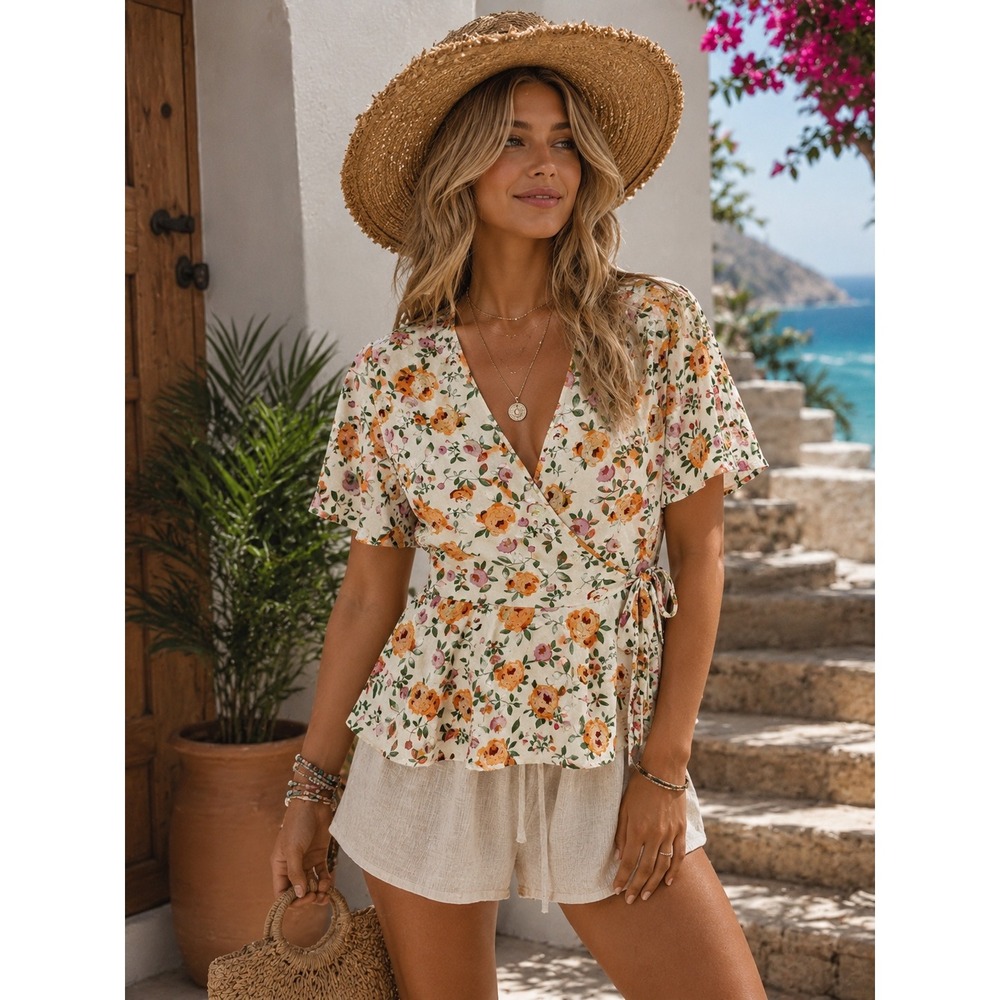 NWT Cupshe Boho Floral Blouse‎ Small Short Sleeve